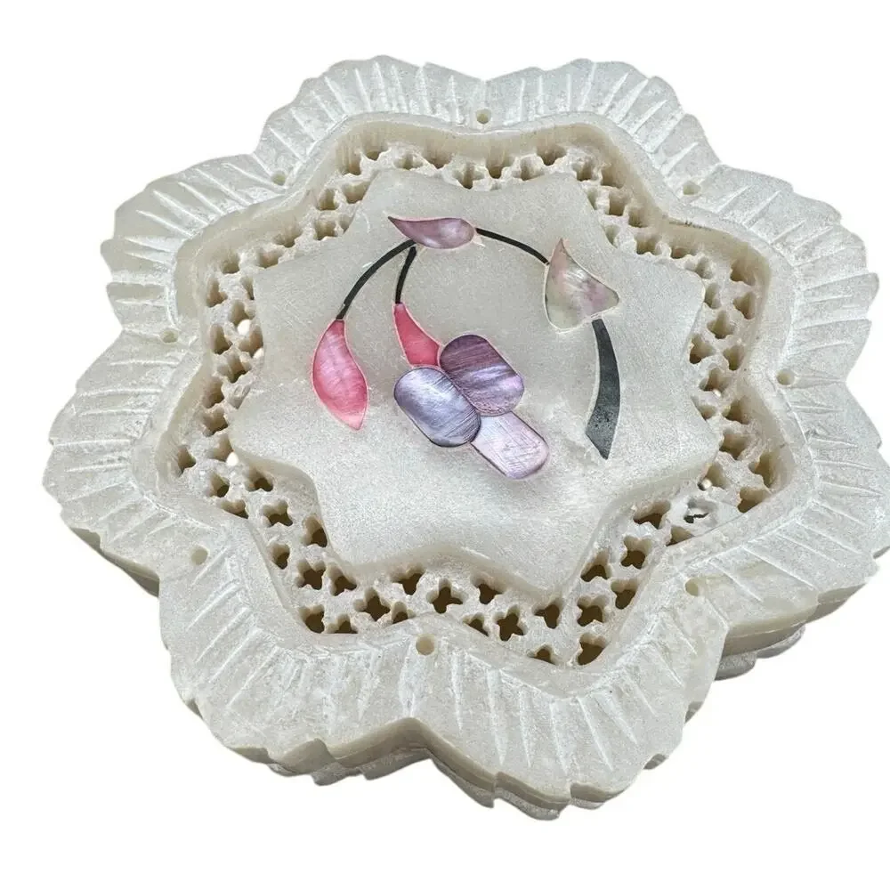 Vintage Carved Stone Trinket Box Mother of Pearl Floral Inlay Trinket Box